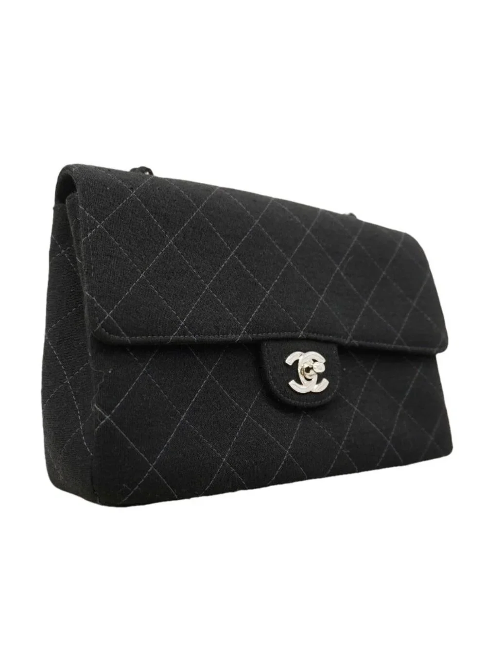 Chanel Shoulder Bag Quilted Cotton Black Silver